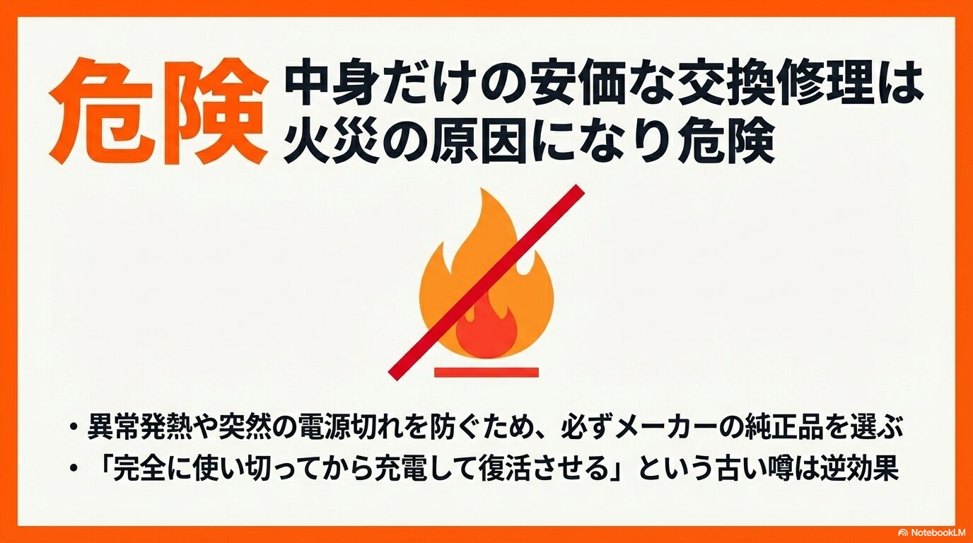 バッテリー中身だけのセル交換修理は火災の原因になり危険なため、必ずメーカー純正品を選ぶよう促す警告スライド