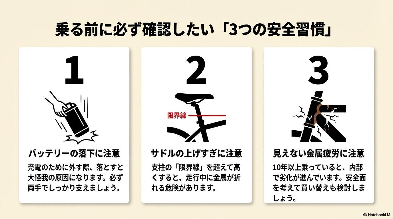 バッテリーの落下、サドルの上げすぎ、見えない金属疲労に注意するという、自転車に乗る前の3つの安全習慣の図解