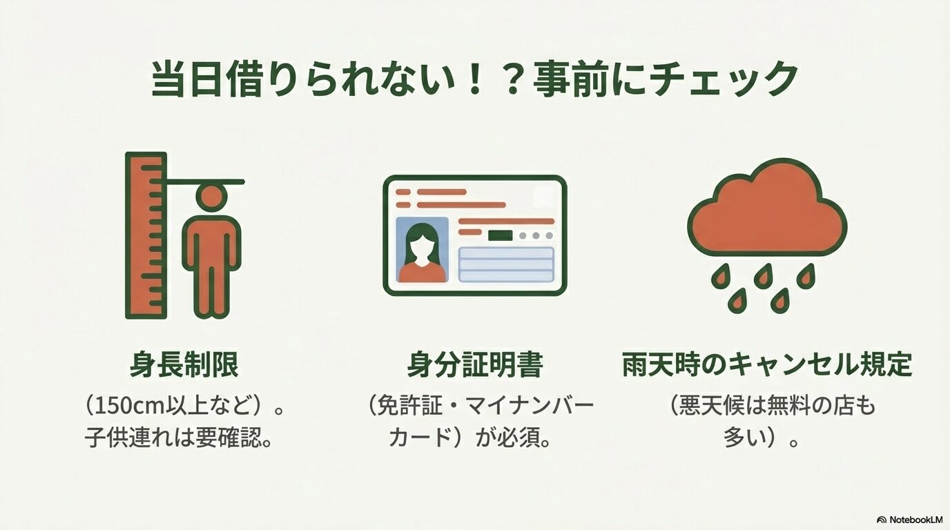 身長制限（150cm以上など）、身分証明書の持参、雨天時のキャンセル規定など、レンタル当日に必要な確認事項のリスト