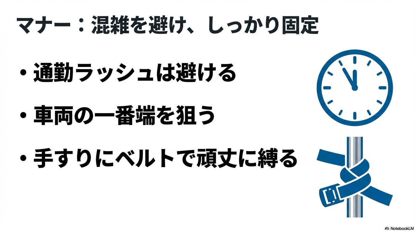 混雑回避、車両端の確保、手すりへの確実なベルト固定など、鉄道利用時の輪行マナーをまとめたスライド
