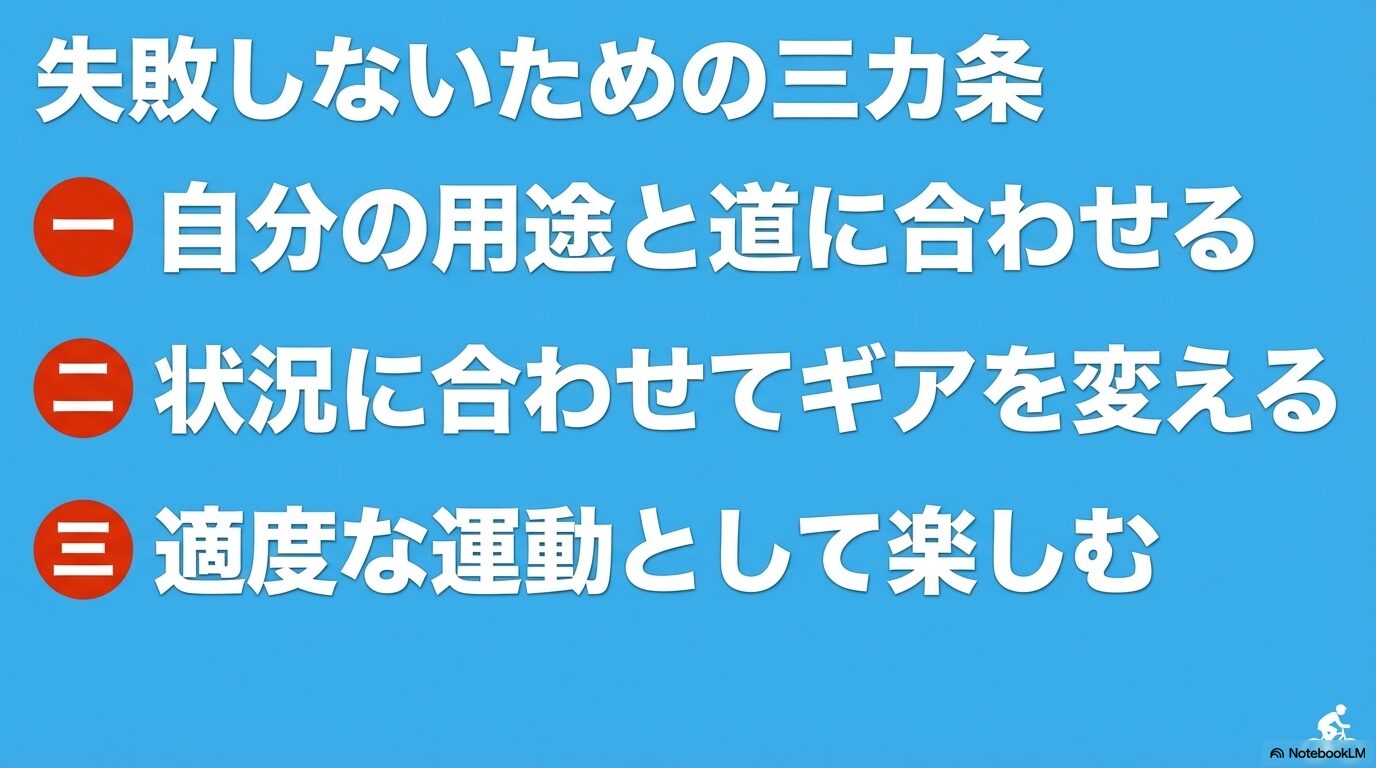 自分の用途と道に合わせる、状況に合わせてギアを変える、適度な運動として楽しむという電動自転車選びで失敗しないための三カ条