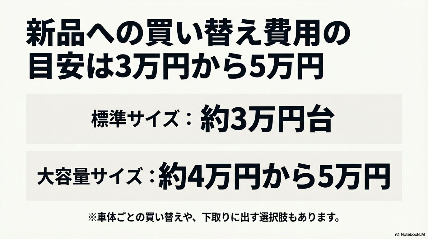 電動自転車の新品バッテリー価格の目安が標準サイズで3万円台、大容量で4〜5万円であることを示す料金表スライド