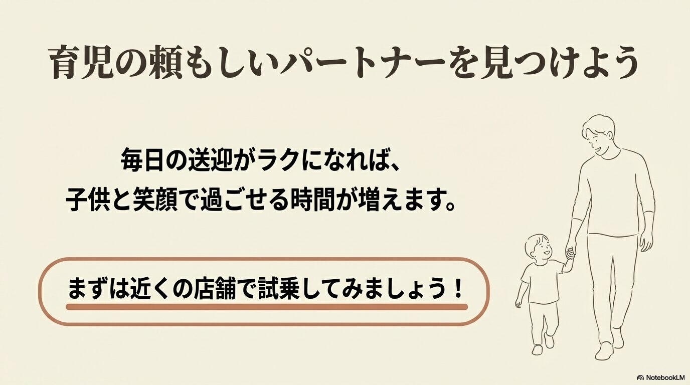 毎日の送迎を楽にして子供と笑顔で過ごすためのパートナー選びと、店舗での試乗のすすめ。