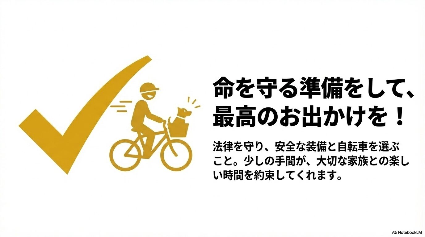 法律の遵守、安全装備の徹底、適切な自転車選びが大切な家族との楽しい時間を約束することをまとめたエンディングスライド。
