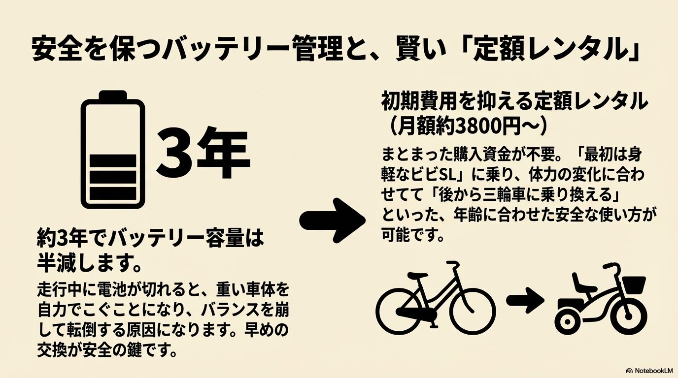 約3年でのバッテリー容量半減への注意喚起と、初期費用を抑えて年齢に合わせて乗り換えられる定額レンタルのメリット