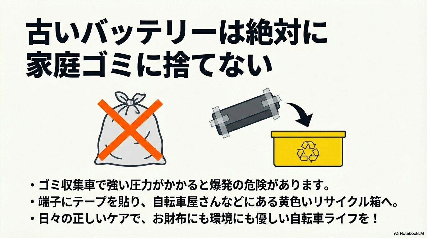 古いバッテリーを家庭ゴミに出さず、端子を絶縁テープで保護してリサイクル協力店の回収BOXへ出す手順を説明するスライド