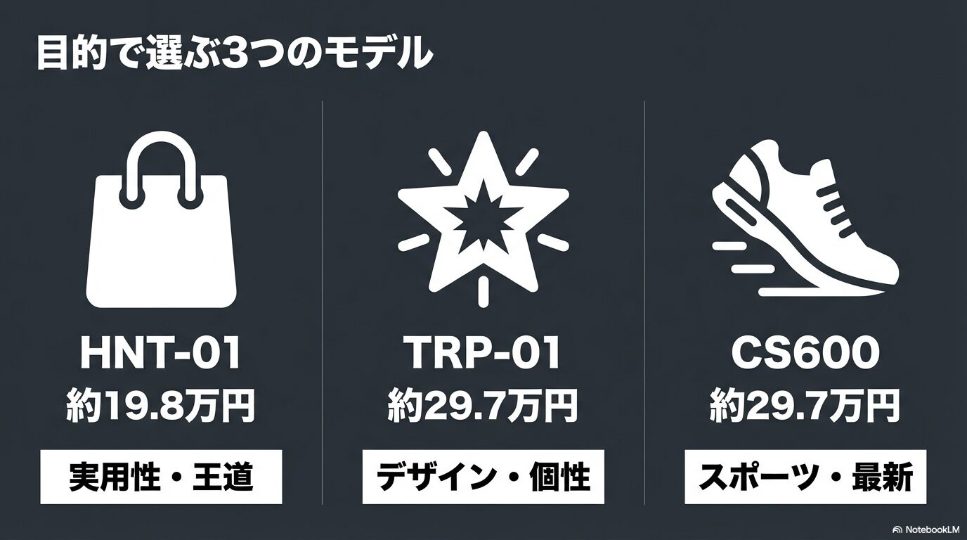 目的で選ぶYADEAの3モデル（HNT-01、TRP-01、CS600）
