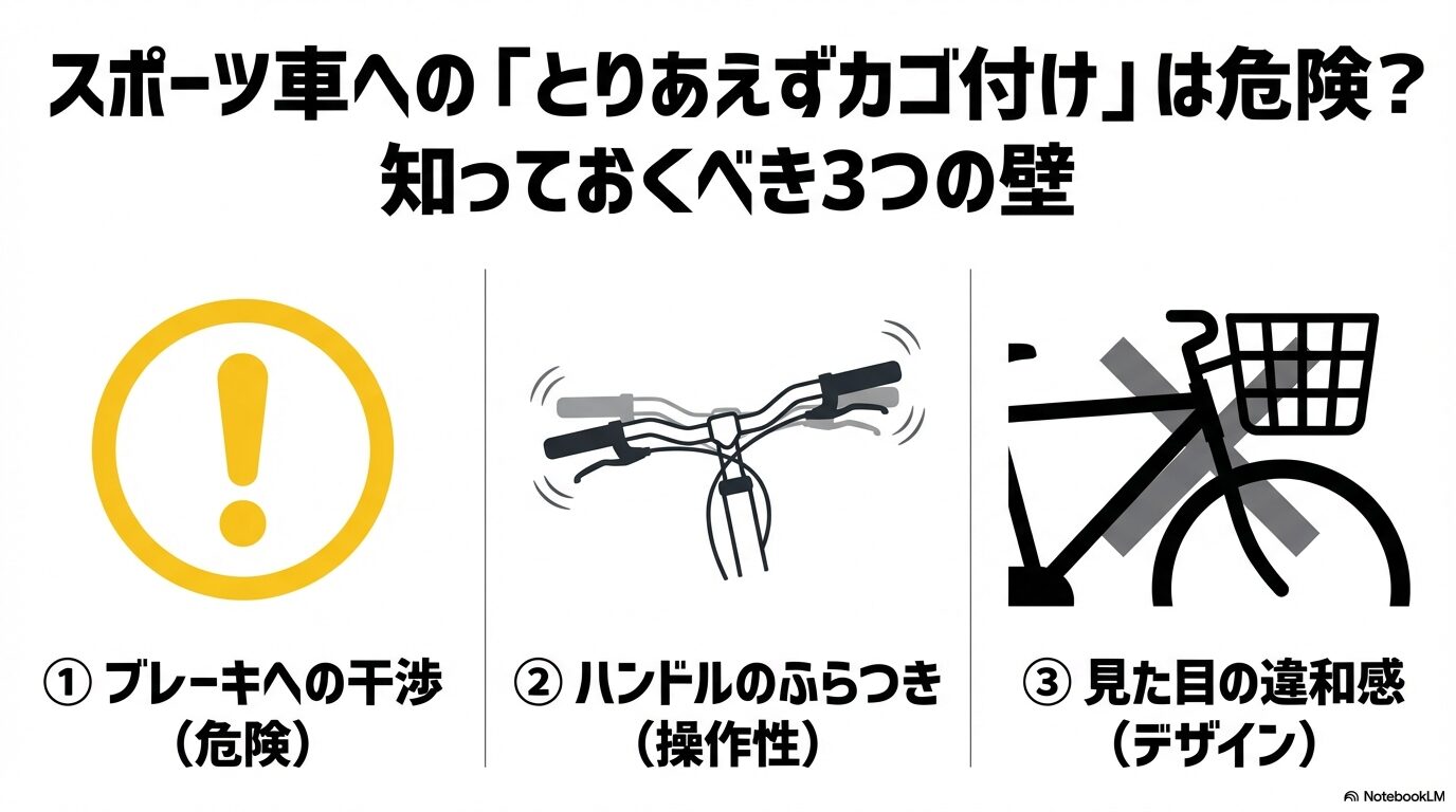 スポーツ車へのとりあえずカゴ付けは危険？知っておくべき3つの壁（ブレーキへの干渉、ハンドルのふらつき、見た目の違和感）