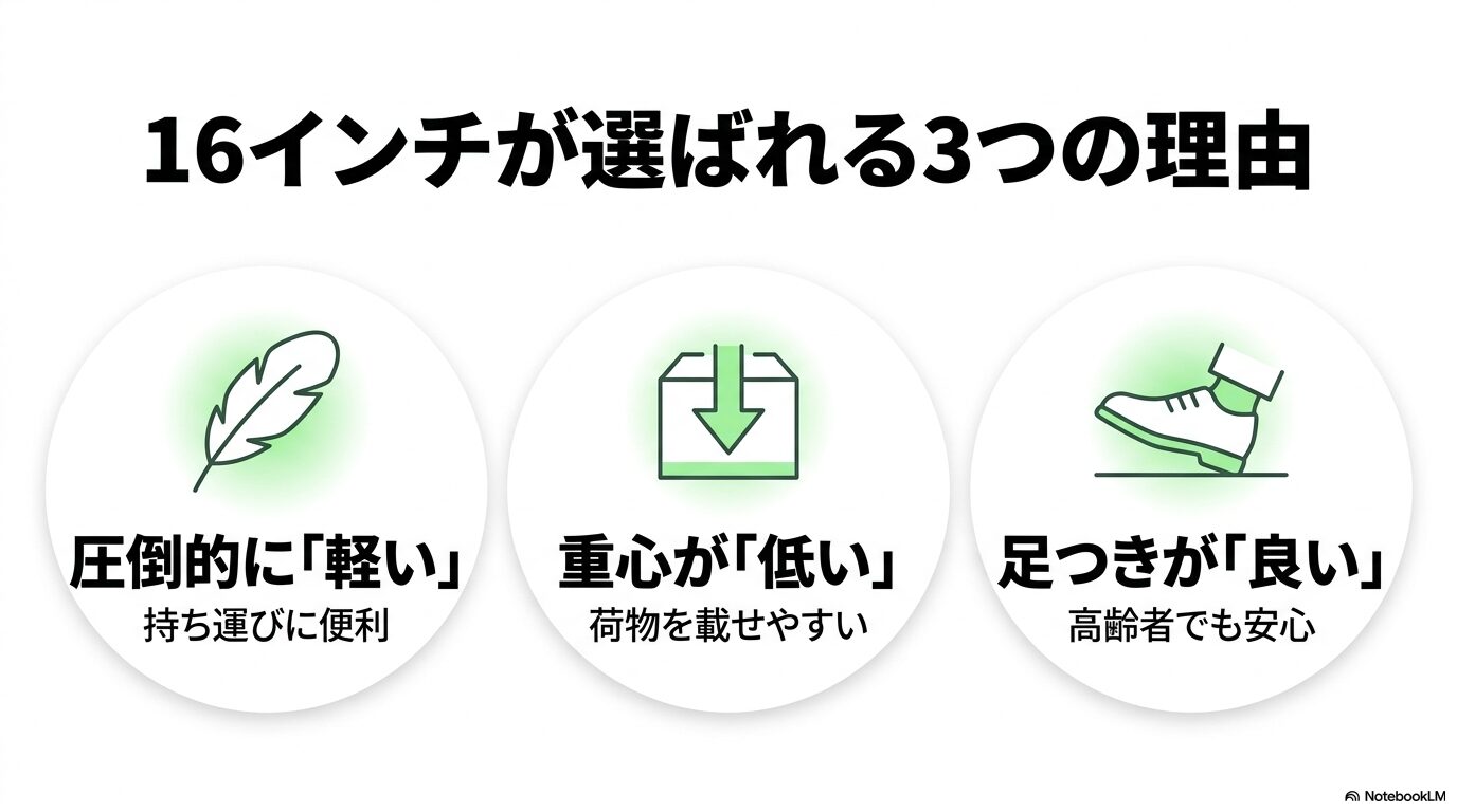 16インチ電動自転車が選ばれる3つの理由（軽い、持ち運び便利、重心が低い）
