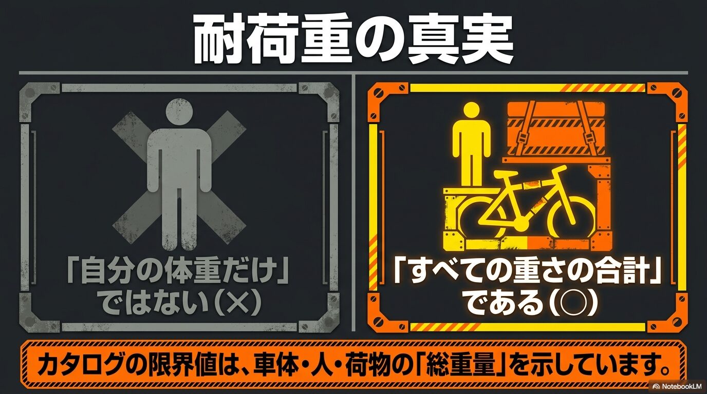 電動自転車の耐荷重は自分の体重だけでなく、車体・人・荷物の「総重量」の合計であることを説明した図