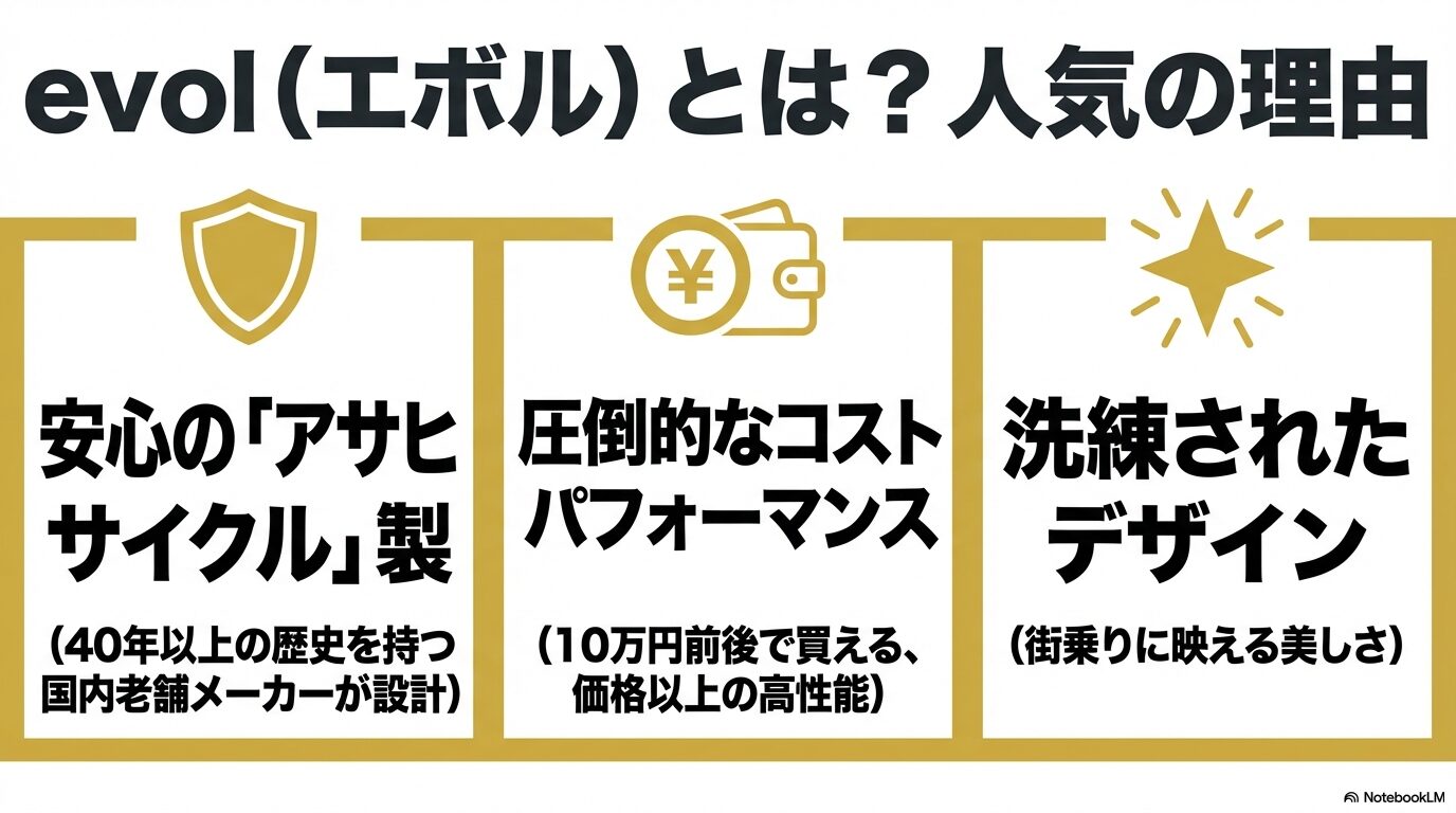evol（エボル）とは？人気の理由。安心のアサヒサイクル製、圧倒的なコストパフォーマンス、洗練されたデザイン