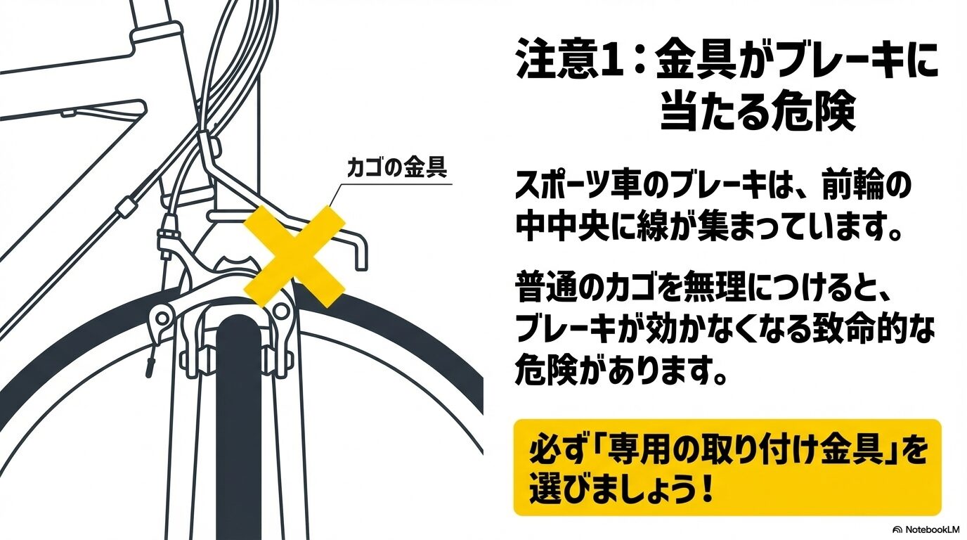 注意1：カゴの金具がブレーキに当たる危険。専用の取り付け金具を選ばないとブレーキが効かなくなる致命的な危険があることを解説。