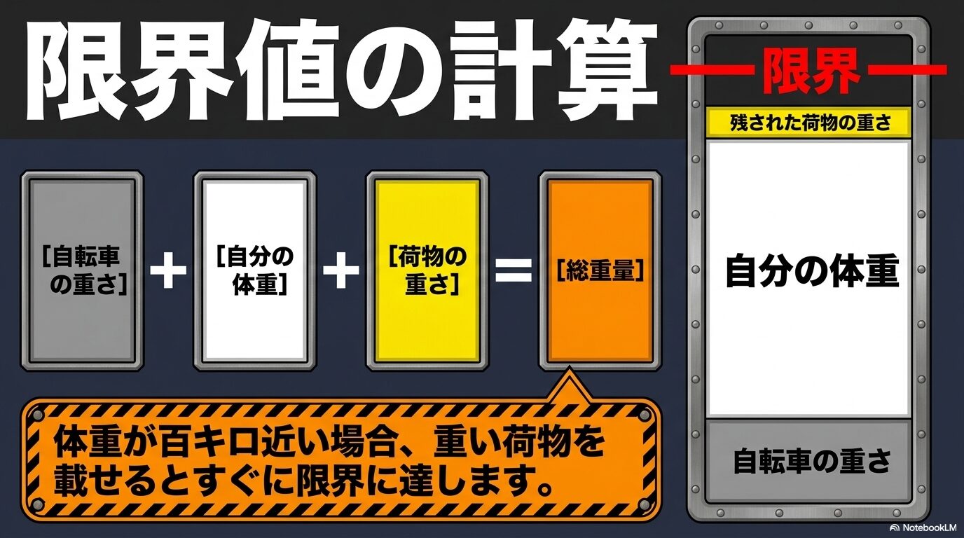 自転車の重さと自分の体重、荷物の重さを足したものが総重量となり、体重が重い場合はすぐ限界に達することを示す図