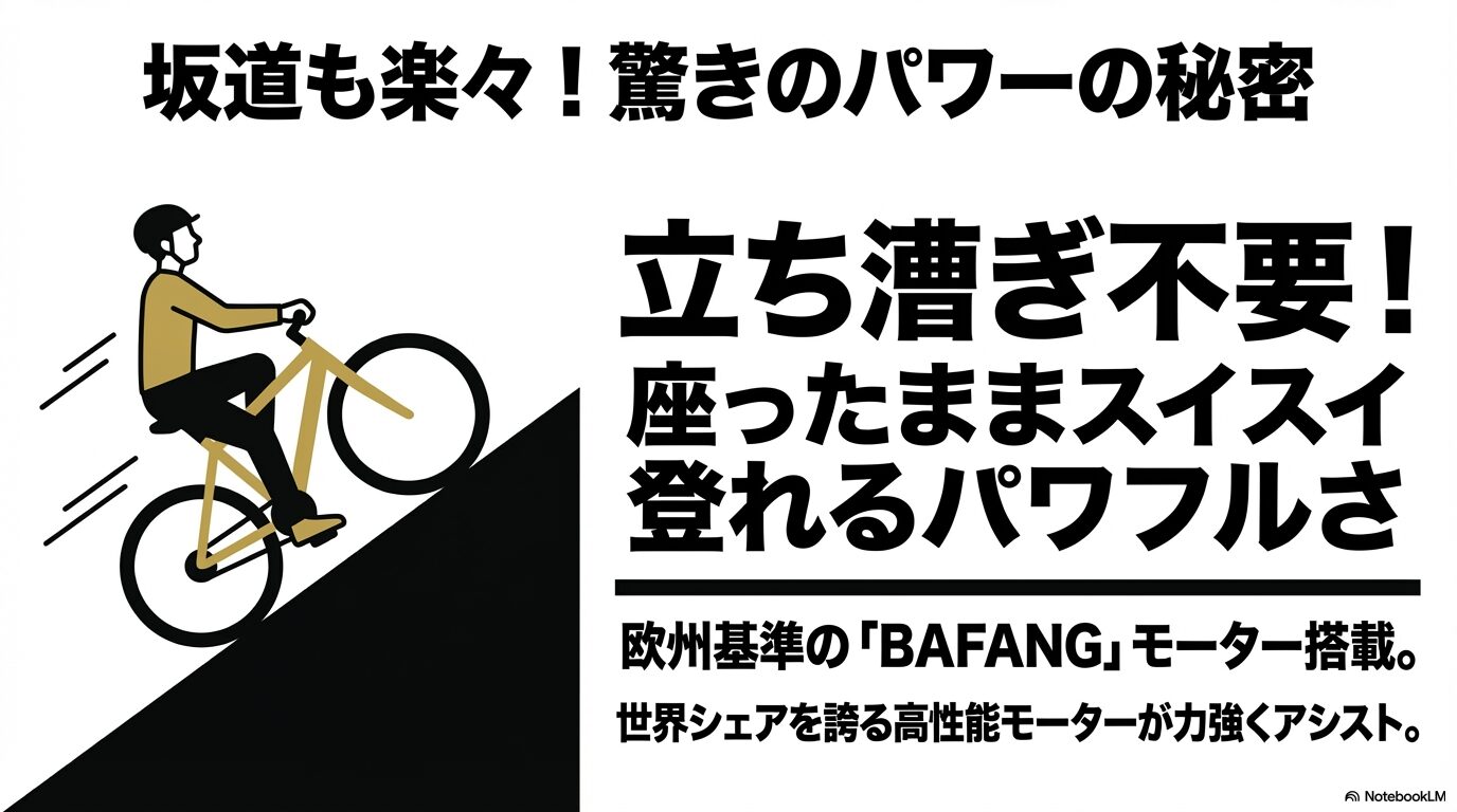 坂道も楽々！驚きのパワーの秘密。欧州基準のBAFANGモーター搭載で立ち漕ぎ不要