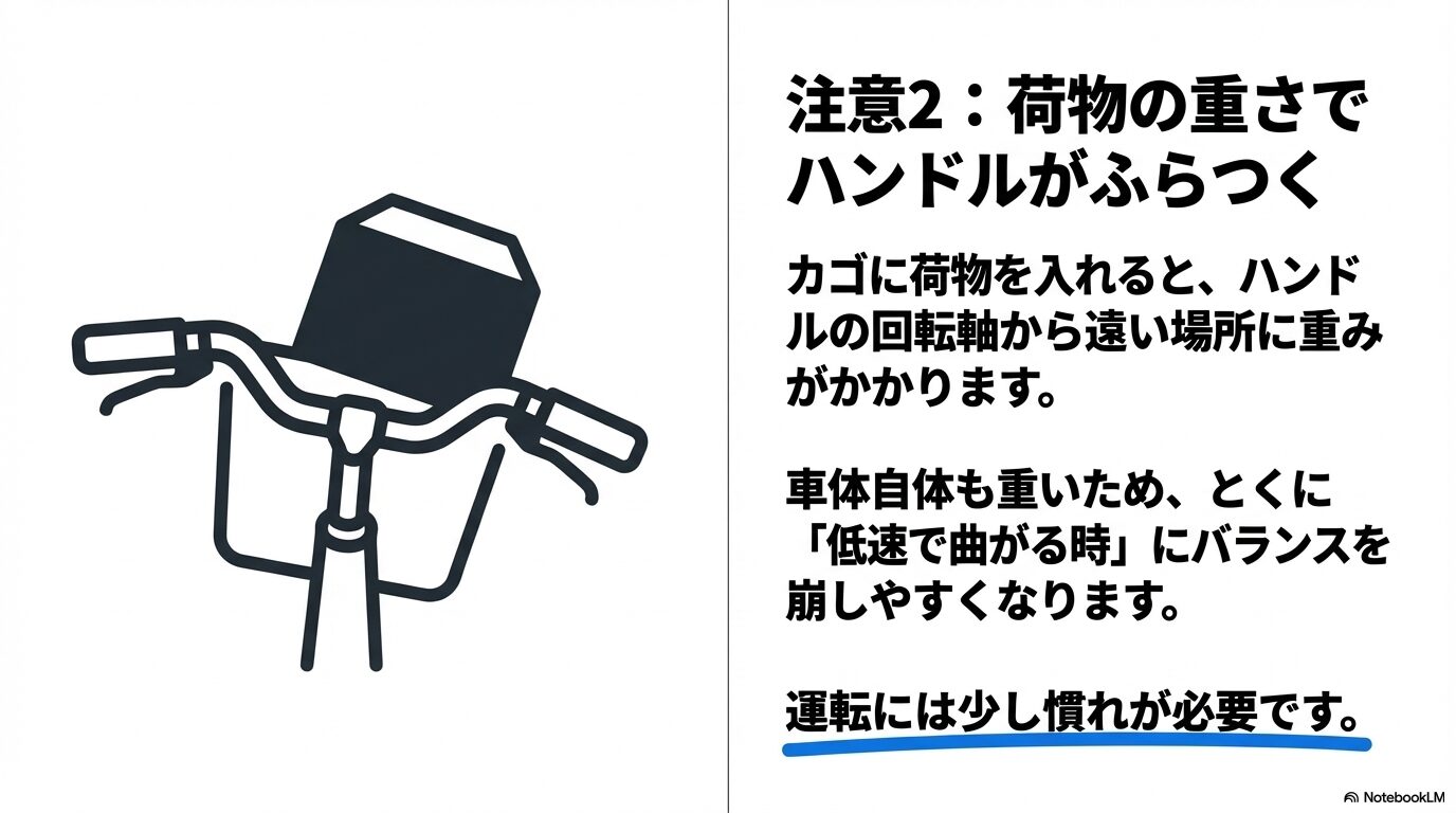 注意2：荷物の重さでハンドルがふらつく。低速で曲がる時にバランスを崩しやすくなる注意点を解説。