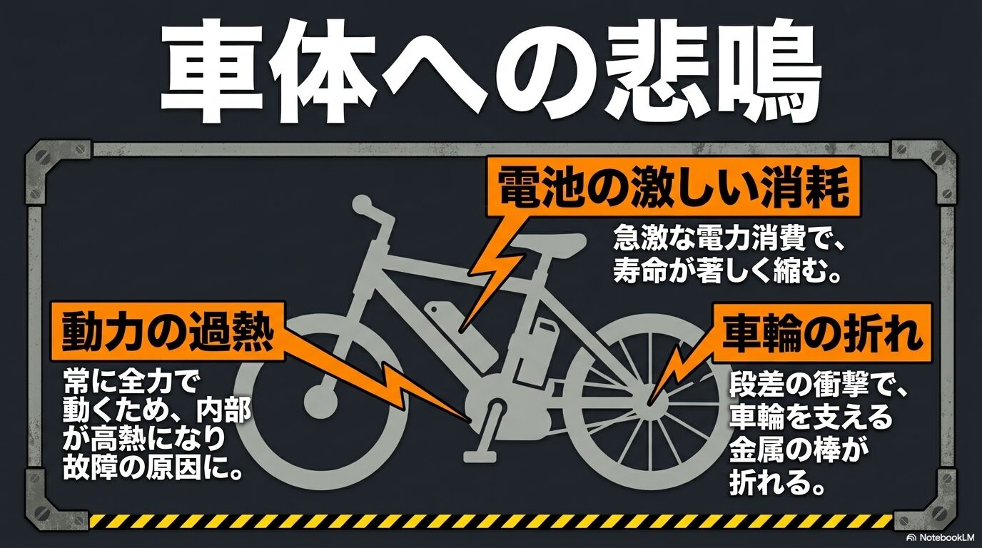 体重制限オーバーにより、モーターの過熱、バッテリーの激しい消耗、スポーク（車輪）の折れが発生するリスクをまとめた図