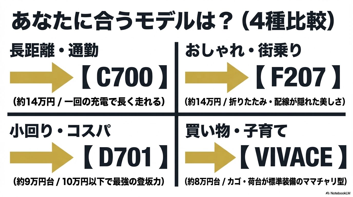 あなたに合うモデルは？C700、D701、F207、VIVACEの4種比較