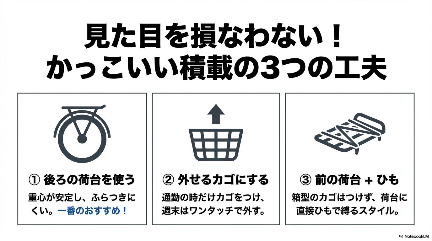 見た目を損なわない！かっこいい積載の3つの工夫（後ろの荷台を使う、外せるカゴにする、前の荷台とひもを活用する）