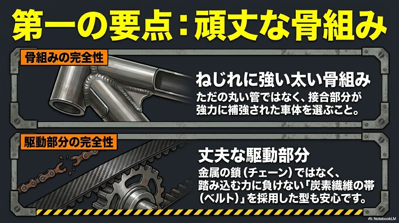 剛性の高い太いフレームと、チェーンの代わりに炭素繊維のベルトを採用した駆動部分の重要性を解説する図
