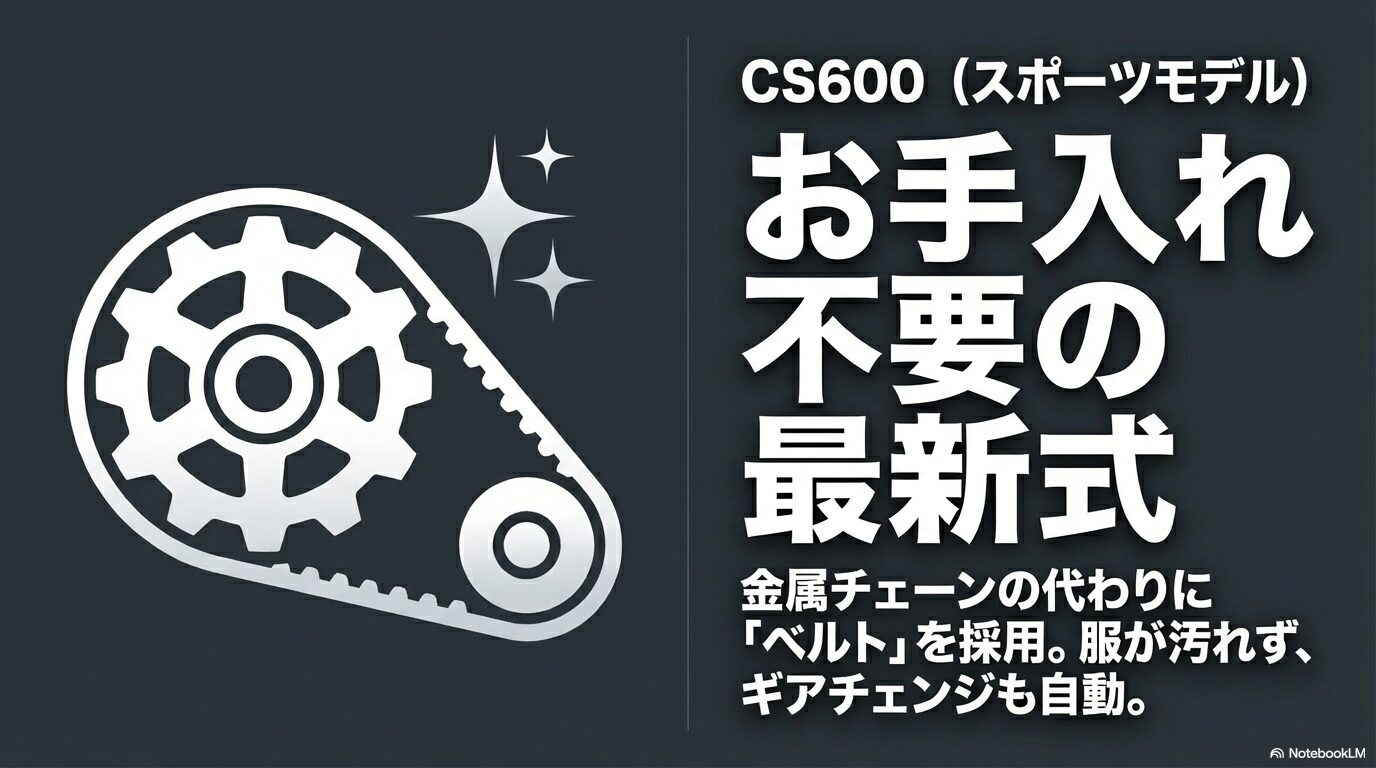 CS600（スポーツモデル）：お手入れ不要の最新式。金属チェーンの代わりにベルトを採用
