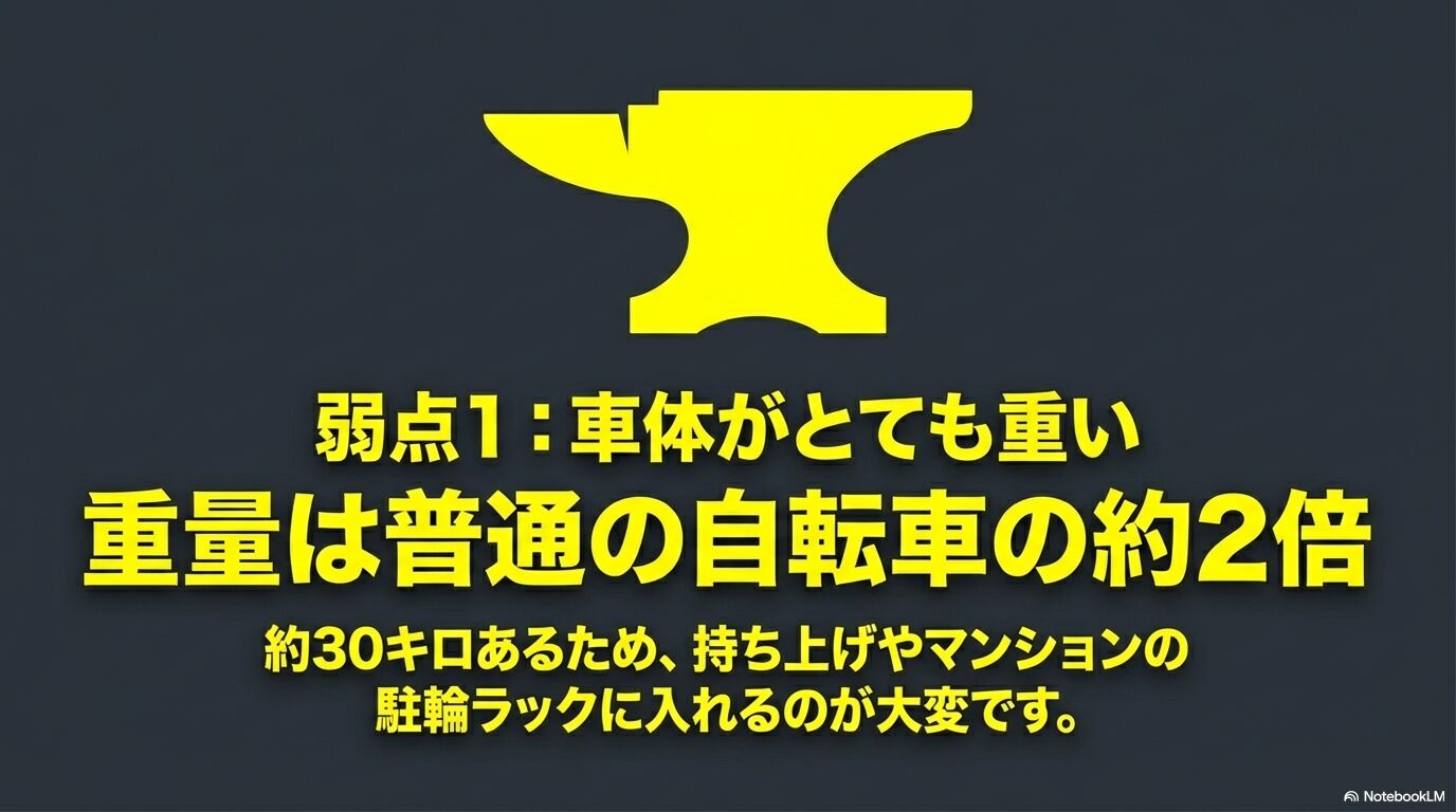 弱点1：車体がとても重い。約30キロあるためマンションの駐輪ラックに入れるのが大変