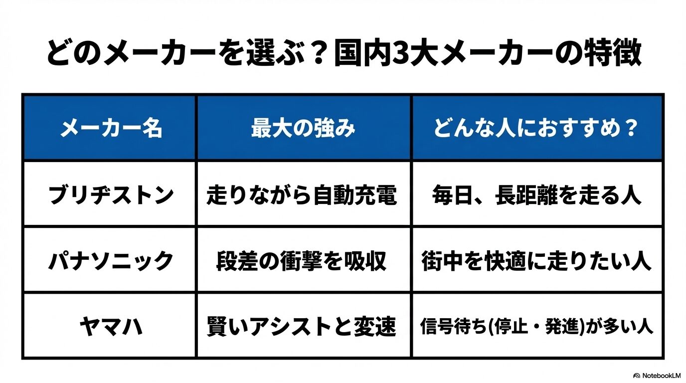 どのメーカーを選ぶ？国内3大メーカー（ブリヂストン、パナソニック、ヤマハ）の特徴とおすすめな人をまとめた比較表。