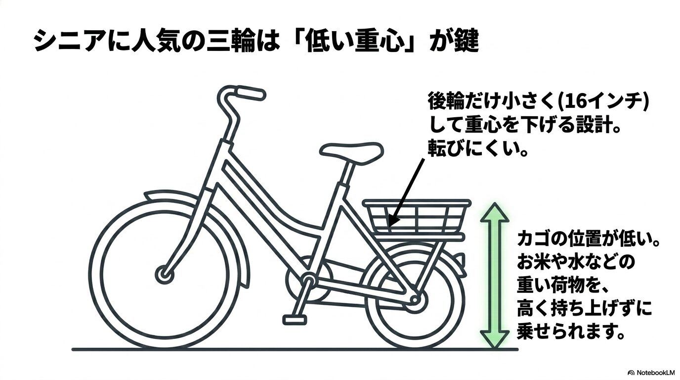 シニア向け三輪自転車は後輪を16インチにして重心を下げ、荷物を載せやすくしている構造の解説