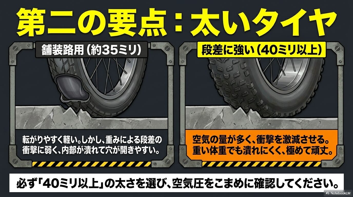 35ミリの舗装路用タイヤと40ミリ以上の段差に強いタイヤを比較し、太いタイヤが衝撃を激減させることを示す図
