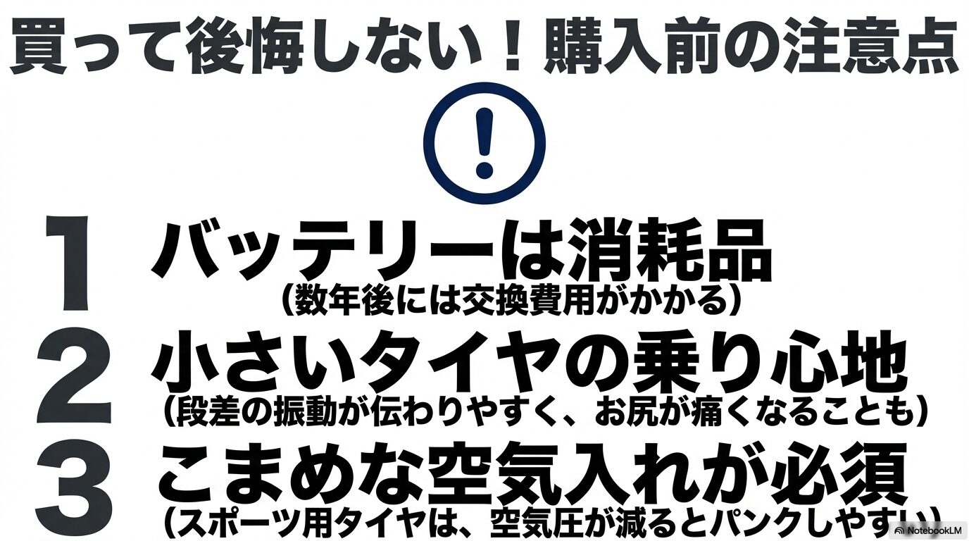 買って後悔しない！購入前の注意点。バッテリーは消耗品、小さいタイヤの乗り心地、こまめな空気入れが必須