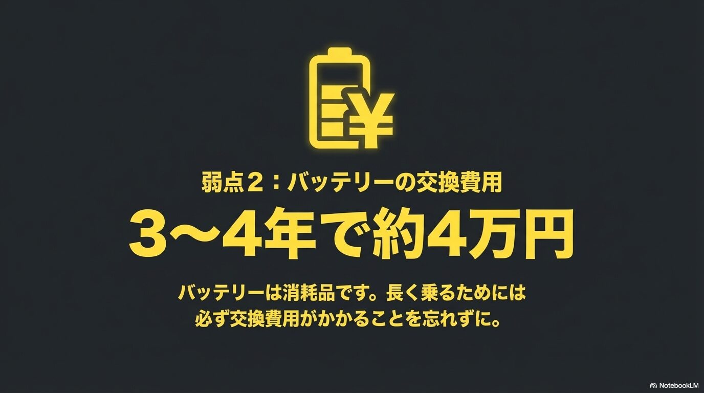 弱点2：バッテリーの交換費用。3〜4年で約4万円かかることを忘れずに