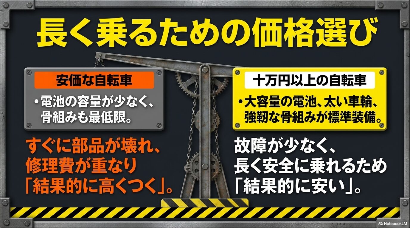 安価な自転車はすぐ壊れて高くつき、10万円以上の高耐久モデルは結果的に長持ちして安くなることを比較した図