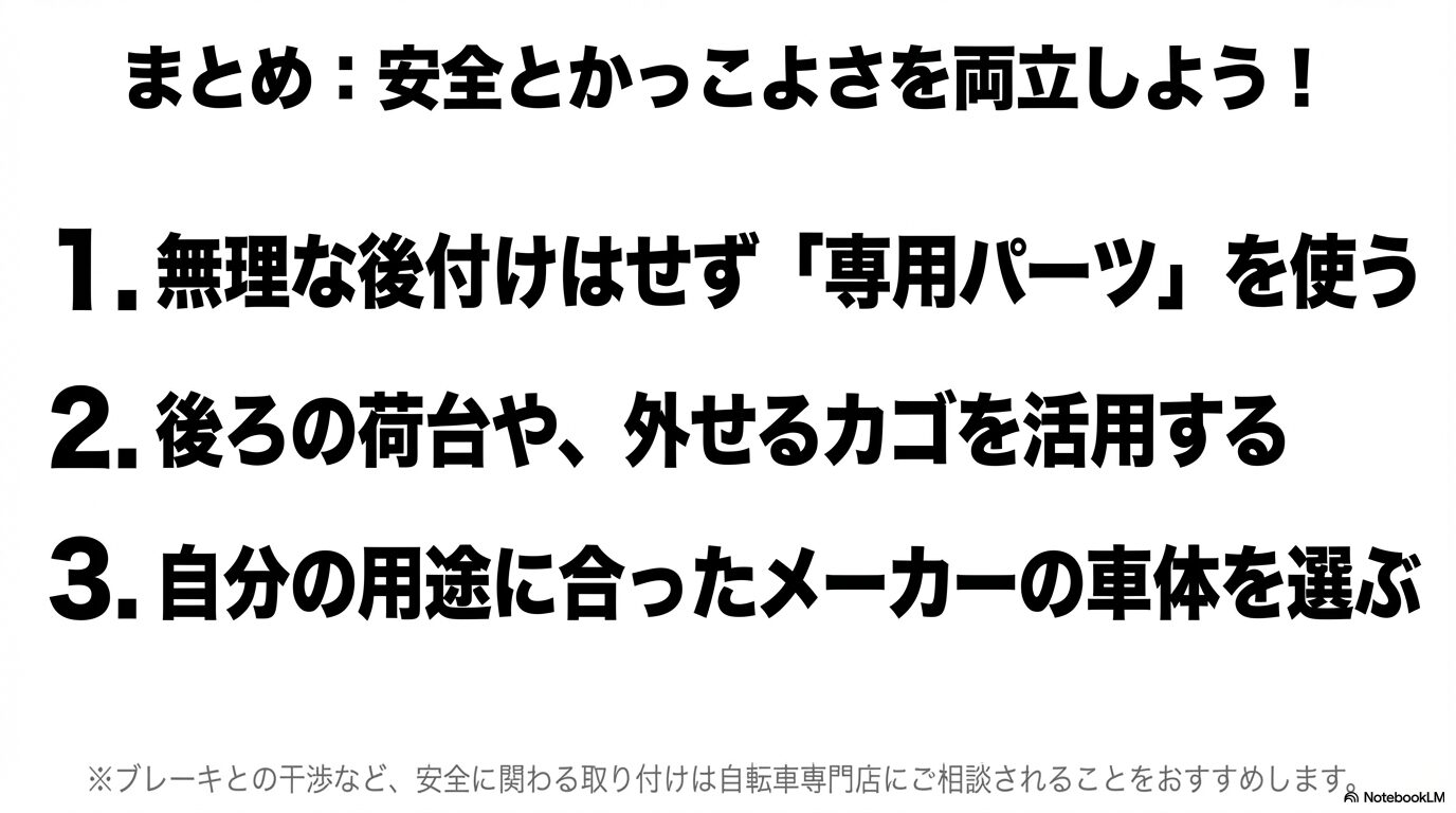 まとめ：安全とかっこよさを両立しよう！無理な後付けはせず専用パーツを使うなど、カゴ付けの3つのポイント。