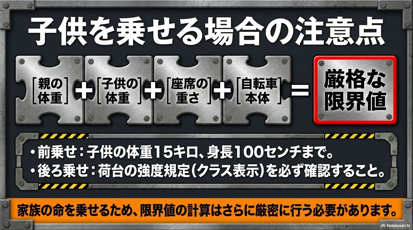 子供の体重、座席の重さ、自転車本体を合わせた厳密な限界値計算と、チャイルドシートの前乗せ・後ろ乗せの基準を示した図