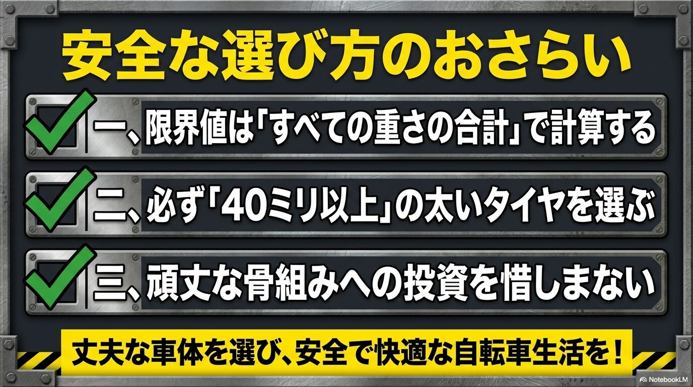 限界値の計算、40ミリ以上の太いタイヤ、頑丈な骨組みへの投資という、安全な電動自転車選びの3つのポイントをまとめた図
