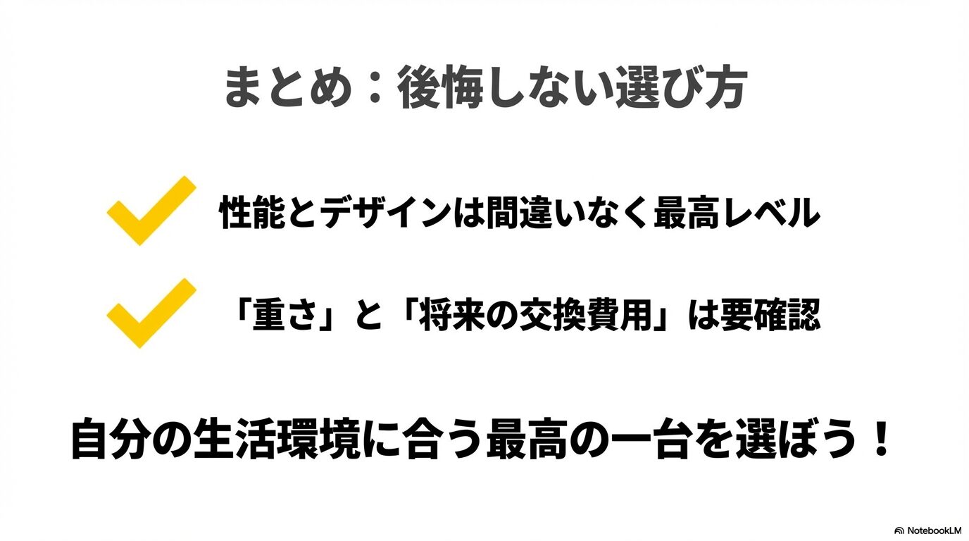 まとめ：後悔しない選び方。性能とデザインは最高レベル、重さと将来の交換費用は要確認