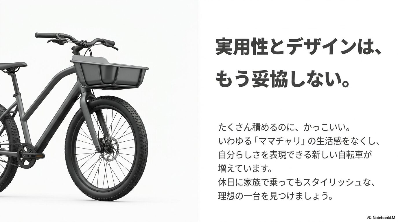 マットブラックのフロントバスケット付きでおしゃれな電動自転車のイメージ