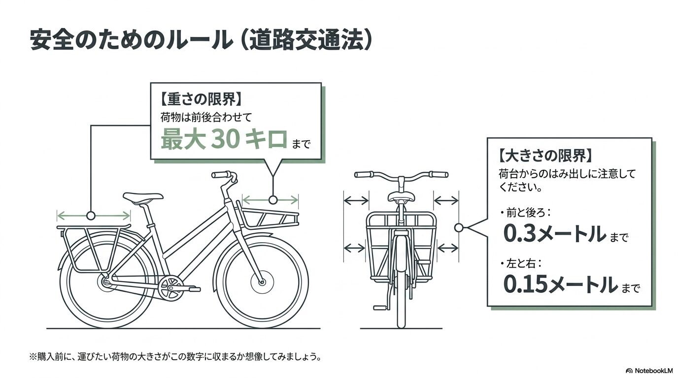 道路交通法に基づく自転車の積載ルール。前後合わせて最大30キロまで、はみ出し制限の図解