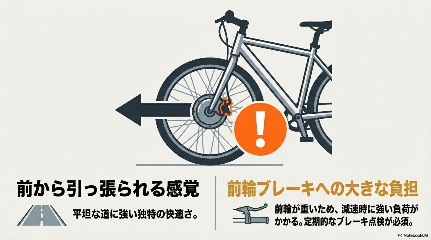 前から引っ張られる感覚と前輪が重いことによる前輪ブレーキへの大きな負担