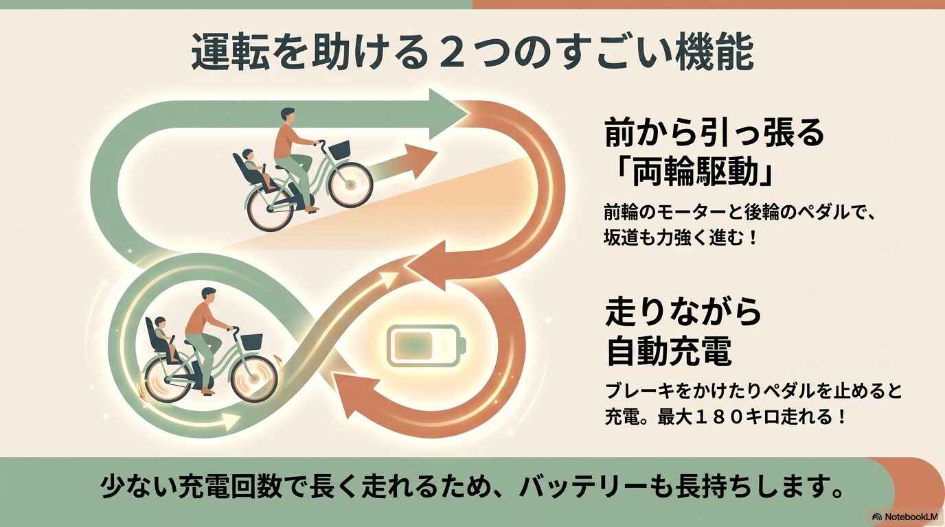 ビッケの運転を助ける両輪駆動と走りながら自動充電の仕組み
