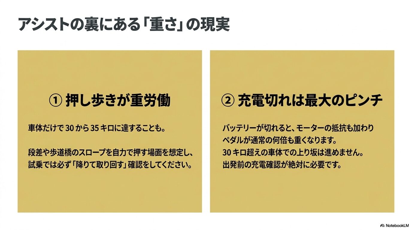 押し歩きが重労働、充電切れは最大のピンチなど、重い電動自転車の運用上の注意点