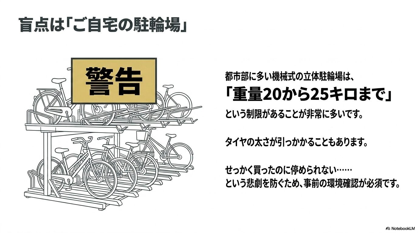 機械式立体駐輪場のイラストと、重量20から25キロまでの制限に関する警告メッセージ