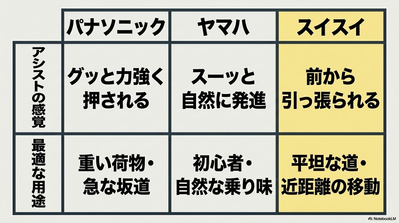 パナソニック、ヤマハ、スイスイのアシスト感覚と最適な用途の比較表