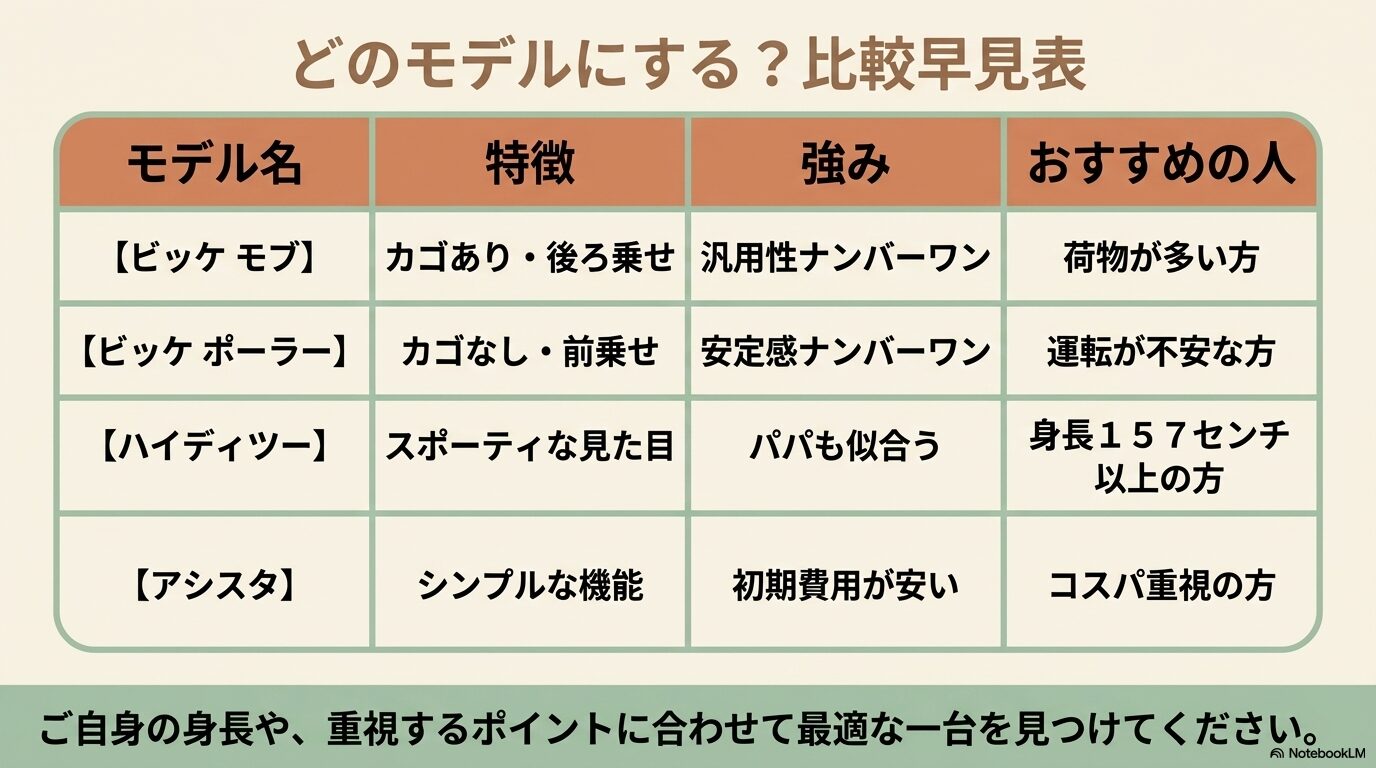 ビッケモブ、ポーラー、ハイディツー、アシスタの比較早見表